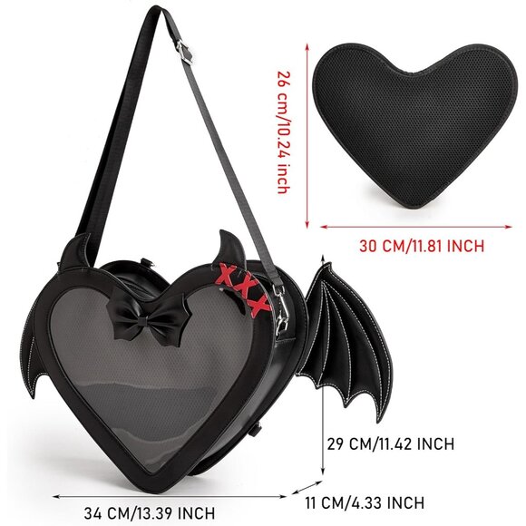 Gothic Heart Shaped Ita Bag with Bat Wings Backpack and Crossbody Purse - Picture 4 of 9